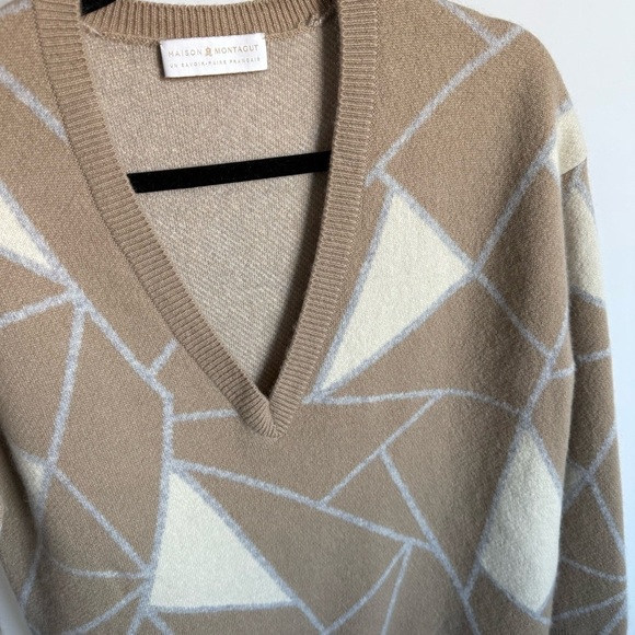 Maison Montagut Cashmere V-Neck Sweater Size S Felixa Geometric Tan Brown - Picture 6 of 15